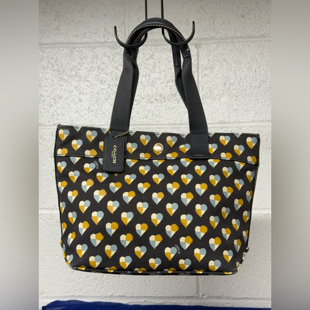 Coach Dark Blue Tote with Yellow & Light Blue Heart Pattern